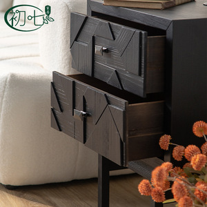 Chu Qi Nightstand Wood Black <b>Storage</b> Drawer Cabinet Bedroom Furniture - Product Image 3