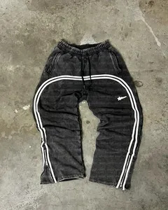 Parça alevlendi ter pantolon dökümlü pantolon sıkıntılı düz fransız Terry Zip alt pamuk boş şerit asit yıkama Sweatpants erkekler