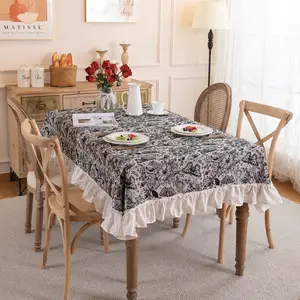ブラックバタフライプリントポリエステル-コットンテーブルクロス牧歌的なスタイルの洗える長方形のテーブルクロス