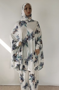 Ready Stock consegna rapida stampa di fiori in poliestere tessuto islamico da donna Eid 2 pezzi felpe con cappuccio Khimar con abito Abaya - Product Image 5