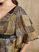 Robe décontractée longue en mousseline fluide à col en V, imprimé patchwork aquarelle aléatoire, taille plissée et manches à volants, grande taille, collection Printemps/Été