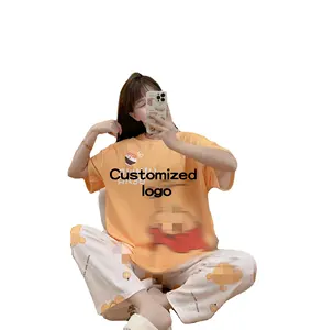 Lilihuihui setelan pabrik piyama poliester wanita, Set piyama bercetak pola kartun desain kustom LOGO 100%