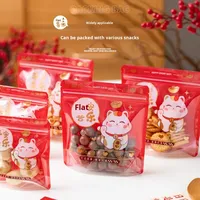 Sac cadeau en PET de qualité alimentaire auto-scellant avec fermeture éclair, motif Chat de la Richesse et Flocon de Neige, pour le Nouvel An, pour gelée, nougat, gâteau, bonbons, biscuits