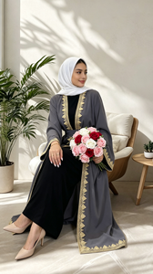 1893# Modest Nida 100% Polyester Luxury Gold Lace Border <b>Long</b> Sleeve Ankle-Length Elegant Noble Cardigan <b>Eid</b> Women Abaya - Product Image 5