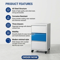 Armoire mobile de laboratoire en acier à trois tiroirs et à bords droits, de couleur bleu et blanc, avec roulettes pour postes de travail de laboratoire