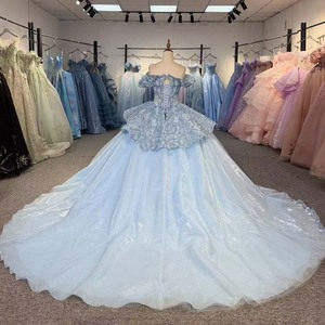 8507 <b>Blue</b> Sparkle Tulle Quinceanera Dress Strapless Sequin Bodice Organza for Party - Product Image 4