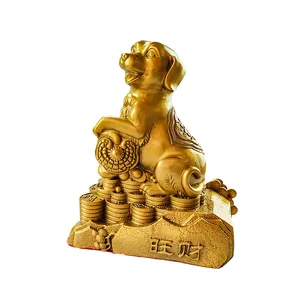 Adornos de latón al por mayor de fábrica, adornos de fengshui para el hogar, decoración del hogar, adornos de perro del zodiaco de latón dorado, estatua de animal