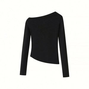 Femmes 2024 printemps/été nouveau Style Simple et polyvalent Vintage solide épaule inclinée à manches longues plissé maigre haut tricoté - Product Image 3