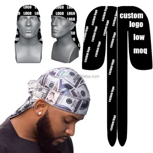 Wholesale Custom Logo Manufacturer Silky Hair Extra Long Tie Headband Turban Hat Velvet Design Printed Bonnet Durag For Men