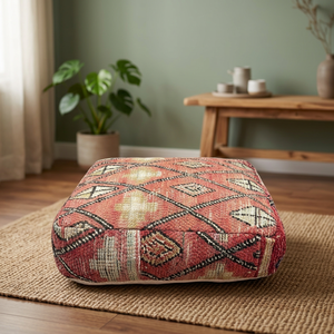 Pouf carré marocain artisanal, motif géométrique abstrait, style bohème, tissu 100% coton, multifonctionnel, pour le salon - Product Image 4