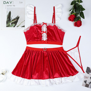 Hot Selling High-Quality Red Velvet Halter <b>Skirt</b> Lingerie Set New <b>Patchwork</b> Lace Underwear Set - Product Image 6