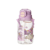 Gourde d'eau portable en plastique à double compartiment avec paille intégrée, motif dessin animé mignon, pour l'école