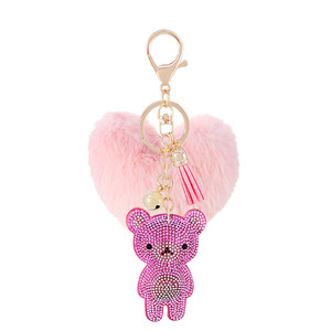 Korean Cute Sparkle Crystal pink Gold Rhinestone Diamond Vicney Teddy Bear Tassel Keychain for Bags