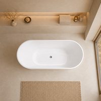 Baignoire ovale autoportante disponible en 150 cm, 160 cm, 170 cm, blanche brillante, à fond plat, avec drain central, personnalisable OEM, vente en gros