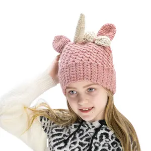 100% acrylic hand made Kids knitted Unicorn hat with bow