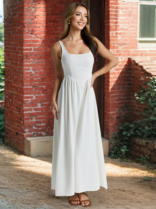 Robe longue décontractée pour <span class=keywords><strong>femme</strong></span>, col <span class=keywords><strong>carré</strong></span> minimaliste, sans manches, dos smocké, <span class=keywords><strong>coupe</strong></span> évasée fluide, couleur unie, pour les brunches en station balnéaire et le quotidien - Product Image 4