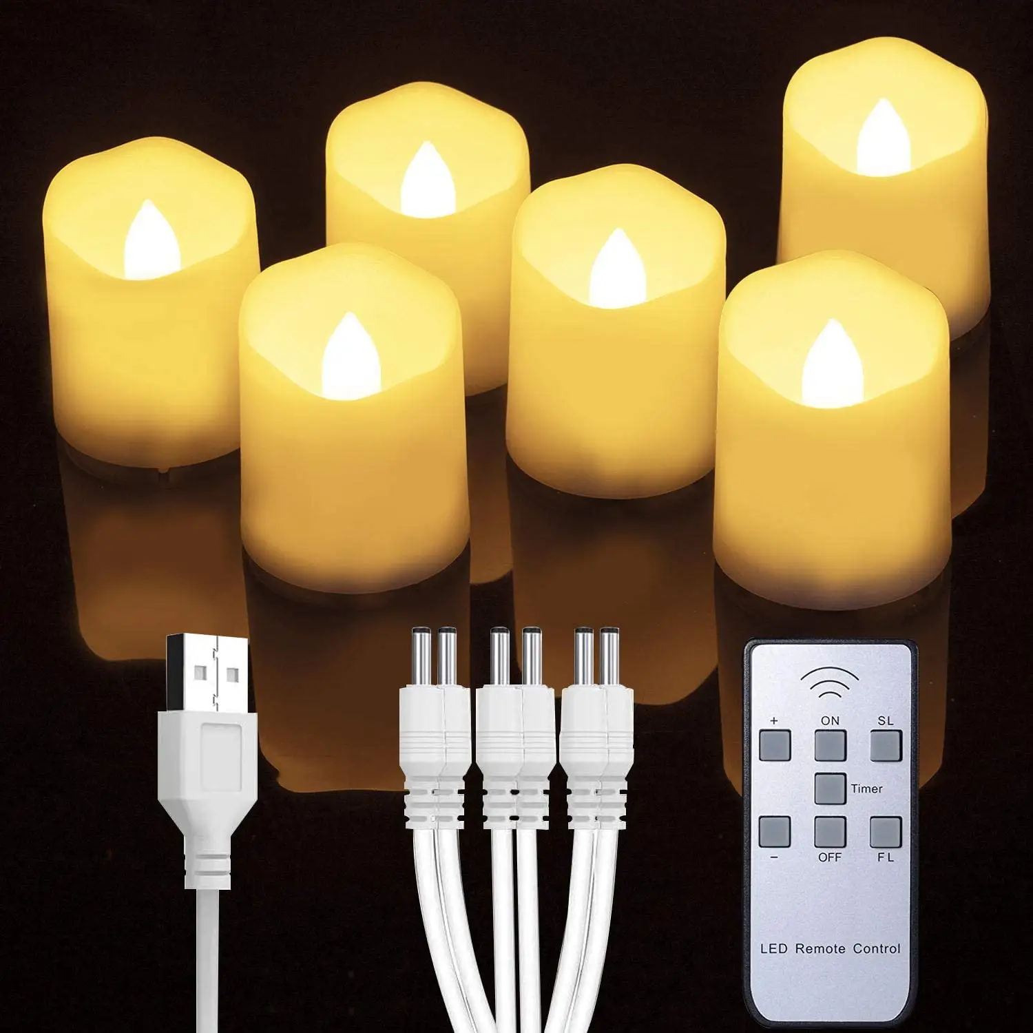 Pack de 6 bougies à thé LED rechargeables scintillantes sans flamme avec minuterie à distance pour les décorations de la maison