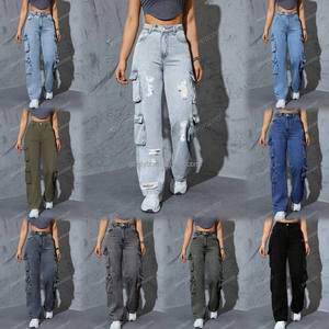 <span class=keywords><strong>Jeans</strong></span> <span class=keywords><strong>Cargo</strong></span> da <span class=keywords><strong>donna</strong></span> di alta qualità alti e lunghi con cuciture larghe stile Casual con Logo in vita a buon mercato prezzo all'ingrosso della fabbrica di Denim - Product Image 5