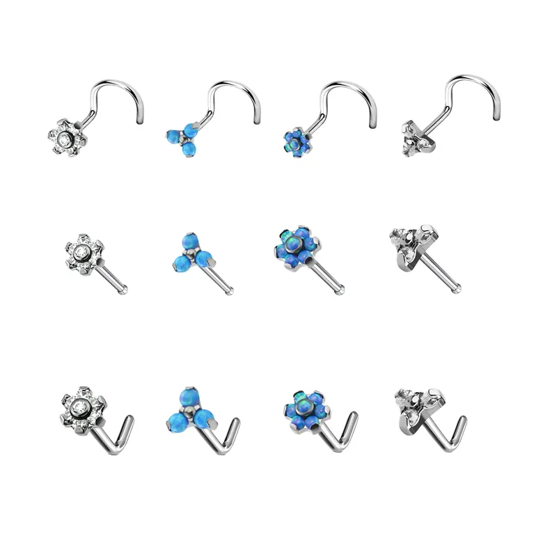 Body Piercing Jewelry Nose Studs ASTM F136 Titanium CZ Opal Blaze Set Flower Tops Nose Piercing Nose Jewelry Piercing Titanium