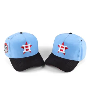 Topi baseball desain 5 panel suede, topi bisbol biru dan hitam dengan logo kustom bordir datar dan bordir puff 3d Dua warna
