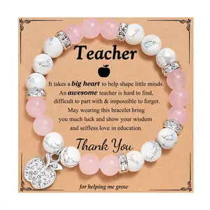 Lehrergeschenk Apfelanhänger elastischer Naturstein Perlenarmband mit Karte