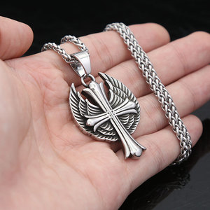 yunnique Titanium Steel <b>Cross</b> Pendant Necklace With Wings For Men Hip Hop Style Steel Colored <b>Chain</b> - Product Image 4