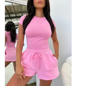 New 2 piece set women Casual Pink Short Sleeve Shirt +Sport Shorts Street Outfit Women's sets