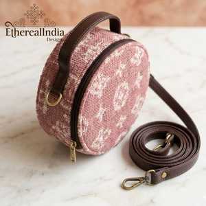 Mauve Round Crossbody Sling Bag Jacquard Circle Purse Adjustable Vegan Leather Strap <b>Boho</b> Bag - Product Image 6