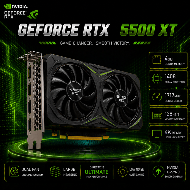 Used for Radeon RX 5500XT 4GB GDDR5X 64Bit PCI Express Dual Fan Cooling 1080P Esports Gaming Desktop GPU with DVI Output