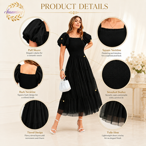 <span class=keywords><strong>Vestido</strong></span> Midi <span class=keywords><strong>de</strong></span> Tul Fruncido para Mujer, Verano 2026, Manga Corta Abullonada, Cuello Cuadrado, con Volantes, para Invitadas <span class=keywords><strong>de</strong></span> <span class=keywords><strong>Boda</strong></span> y Fiestas - Product Image 3