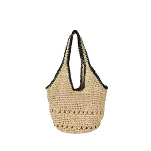 Sac fourre-tout en <span class=keywords><strong>paille</strong></span> tressé à la main style décontracté avec bordure contrastante et découpes, sac à bandoulière pour les vacances, la plage et le quotidien - Product Image 1