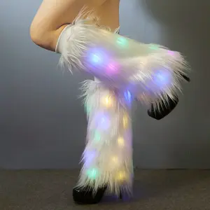 Taklit kürk LED bacak ısıtıcıları kadınlar için sahne performansı parlak Glitter kış parti beyaz 40 CM bot kılıfı çorap ışıkları ile