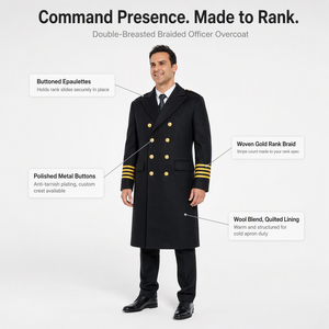 Manteau long d'hiver pour pilote de ligne OEM avec boutons métalliques anti-ternissement pour personnel de bord, personnel maritime, portier d'hôtel, uniforme d'hiver, écusson personnalisé - Product Image 6