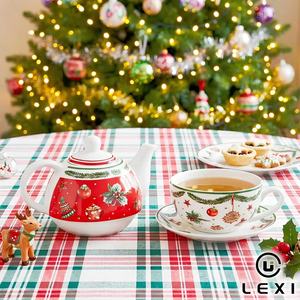 Set da Tè Natalizio LEXI Durevole per Una Persona, Teiera, Tazza e Piattino in Porcellana Bone China con Motivo a Ghirlanda Rossa e Verde, Regalo Festivo per la Casa - Product Image 2