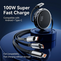 Cable de Carga Rápida Retráctil 3 en 1 de 100W con Triple Puerto y Soporte, Tipo-C, Micro USB, Blindaje Trenzado, Ideal para Viajes, Logotipo Personalizado