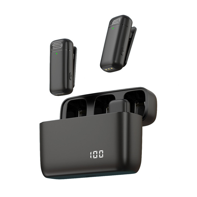 Dual Wireless Lavalier Microphone with Charging Station and Display K13 Model Type C Fast Charge for Phone Camera Vlog Podcast