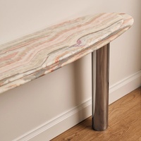 Table console de luxe en onyx arc-en-ciel biologique double couche avec pieds chromés polis – Pièce maîtresse moderne pour entrée