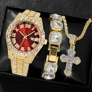 Ensemble de bijoux pour <span class=keywords><strong>homme</strong></span> Hip Hop, montre et collier bracelet, 3 pièces, montre en alliage avec cadran en strass, calendrier pour <span class=keywords><strong>homme</strong></span> - Product Image 1