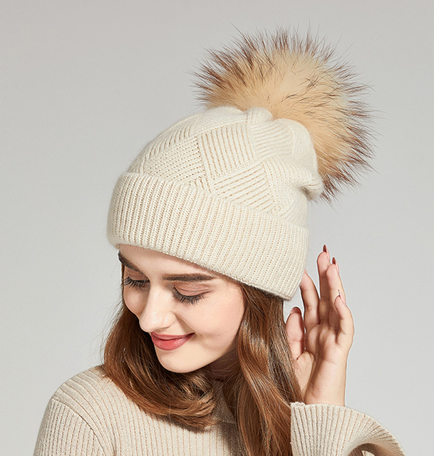 Hot Sell Cute Woman Cashmere Wool Cable Knit Winter Warm Beanie Hat With fox Ball