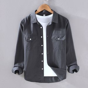 Camisa Masculina de Sarja de Algodão Pesada Texturizada de Manga Longa Respirável para Trabalho de Outono com Bolso Casual para Primavera e Outono - Product Image 5