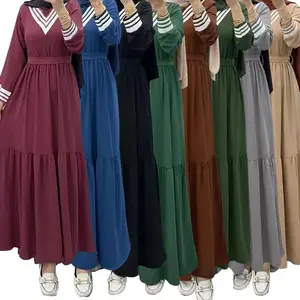2023热销迪拜土耳其中东时尚优雅纯色穆斯林阿拉伯长袖腰带宽松连衣裙