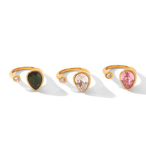 แหวนเปิดประดับเพชรทรงหยดน้ำสีแฟชั่น ชุบทอง 18K ทำจากสแตนเลสสตีล ปรับขนาดได้ เหมาะสำหรับผู้หญิง เป็นเครื่องประดับมือสุดหรู - Product Image 5