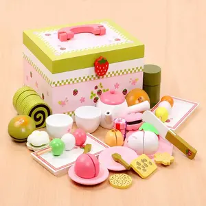 Set mainan kue ulang tahun, set permainan kue bahan kayu untuk permainan makanan anak-anak