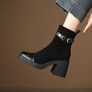 Meilleures ventes : Bottes mi-mollet décontractées en cuir de vachette pleine fleur, couleur unie, style rétro, avec ceinture décorative, imperméables, antidérapantes, à talon épais et confortable - Product Image 5