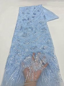 NI.AI Nouveau style de tissu en dentelle à paillettes et perles, tissu en dentelle brillante à sequins, tissu en dentelle à rayures et perles pour robe de mariée - Product Image 4