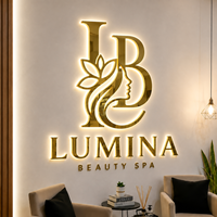 Lettres 3D rétroéclairées en aluminium finition miroir doré personnalisées pour mur d'arrière-plan de salon de beauté et spa