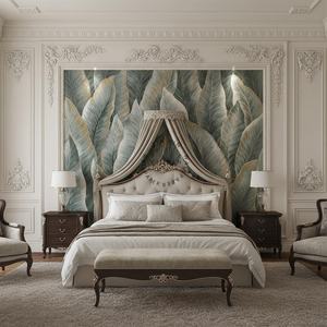 Carta da Parati Rimovibile Impermeabile con Motivo di Foglie Grandi, Decorazione Murale Retrò per Soggiorno e Casa - Product Image 3