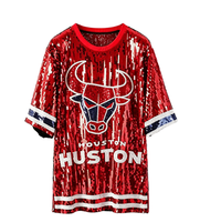 Damen Houston City Pailletten Kurzarm-Fußballfan-T-Shirts Glitzernde Spiel-inspirierte Freizeit-Sporttrikots