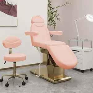 Table de massage 3 moteurs en métal plaqué or avec base en acier inoxydable Lit électrique pour salon de beauté du visage Spa