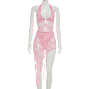 Set Sexy alla <span class=keywords><strong>Moda</strong></span> in Due Pezzi, Top Body in Pizzo Trasparente con Allacciatura Posteriore e Gonna Irregolare Abbinata - Product Image 5